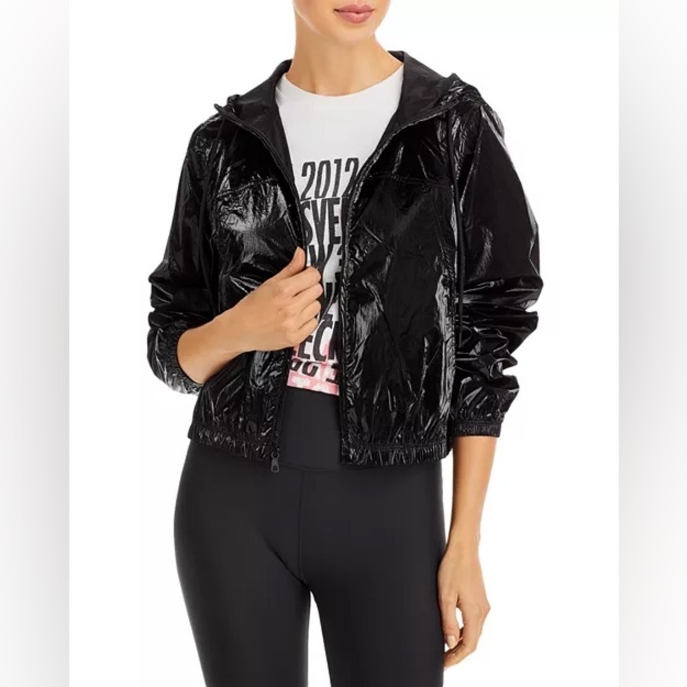 Aqua Athletic Cropped Hooded Coated Windbreaker Jacket Pockets Black M NWT